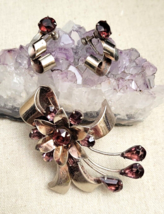 Sterling Purple Rhinestone Flower Bow Ribbon Brooch Pin Earring Set Vintage - £54.10 GBP