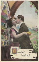 Vintage Postcard Man Kisses Woman Stained Glass Window Sealed Contract 1910 - £7.76 GBP