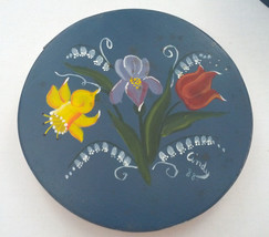 Vintage shabby chic blue tole hand painted floral design round wood box sewing - £15.78 GBP