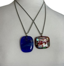 Lot 2 Art Glass Pendant Necklaces Blue Red Silver Tone 20&quot; Long - £11.68 GBP
