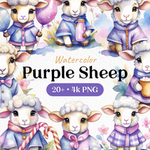 Watercolor Bundle Cute Baby Purple Sheep Clipart PNG - £2.35 GBP
