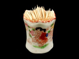 Vintage/Antique Porcelain Toothpick Holder, Red Oriental Art, Scalloped ... - $14.65