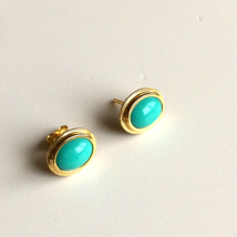 Women&#39;s Italian Stud Earrings 14k Yellow Gold Natural Cabochon Turquoise 12 mm - £257.84 GBP