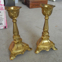Lot of 2 Antique Gold Painted Metal Candle Holders 5 1/2&quot; Tall LOOK - £65.16 GBP