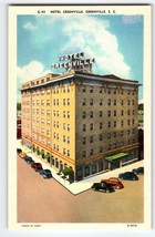 Hotel Greenville Building Old Auto Cars South Carolina Linen Postcard SC Unused - £8.54 GBP