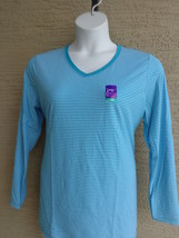 New  Just My Size 1X Cotton Blend 50/50  L/S V Neck Aqua Striped Tee Top - £7.63 GBP