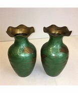 TWO (2) BEAUTIFUL GREEN COVERED BRASS VASE&#39;S  WITH LEAF PATTERN, FREE SH... - $57.64 CAD