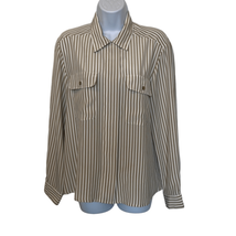 Notations Vintage Womens 10 Tan White Stripe Button Down Silky Blouse Workwear - £9.58 GBP