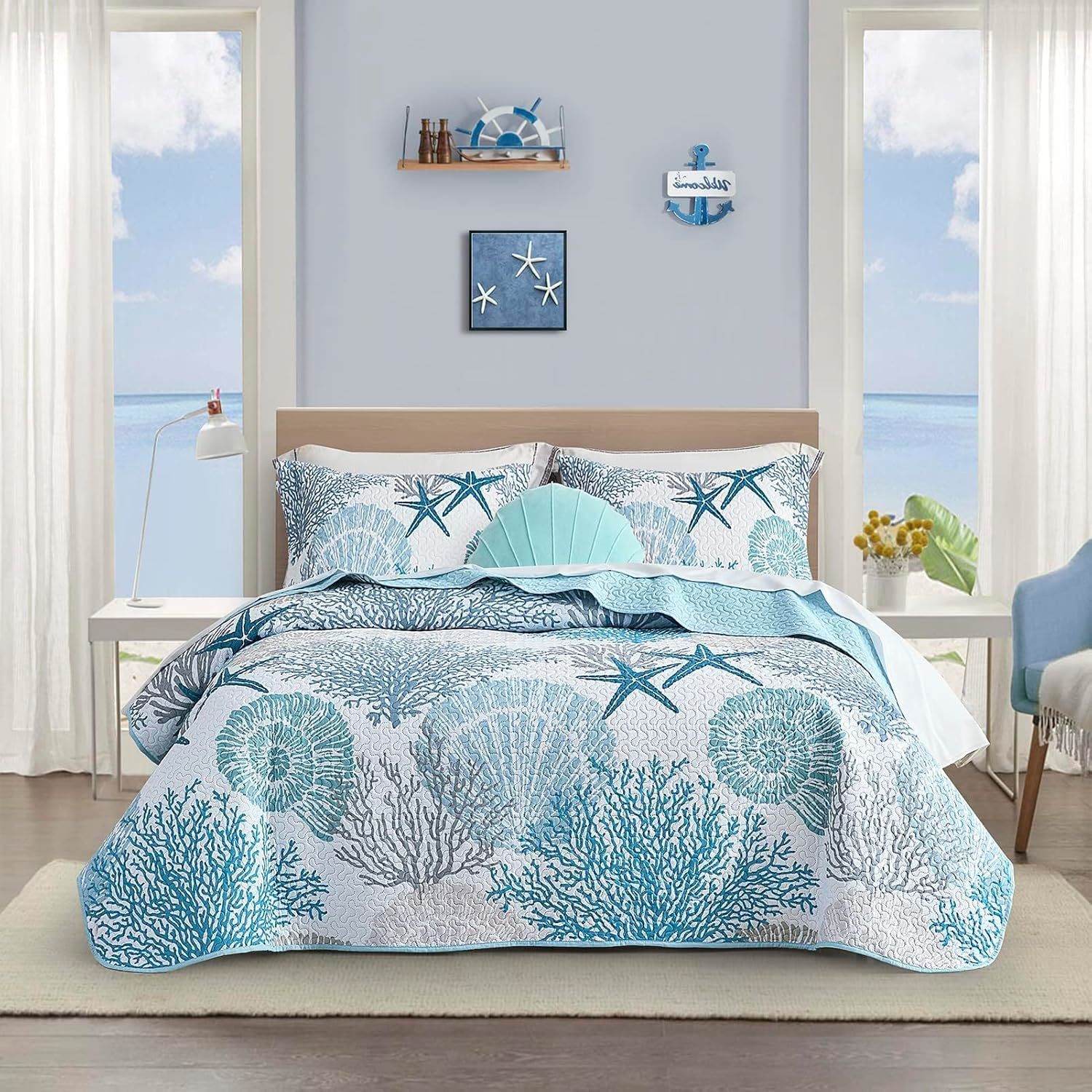 3 Piece Coastal Quilt Sets Full/Queen Size - Reversible Microfiber Quilts With 2