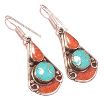 Tibetan Turquoise Coral Handmade Bohemian Jewelry Earrings Nepali 1.80&quot; SA 1821 - £6.22 GBP