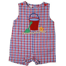 Cute Petit Ami Red Blue Plaid Baby Boy Shortall Romper w/Sand Pail, Cotton Blend - £24.17 GBP