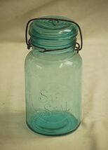 Old Vintage 1 Quart Blue Safe Seal Glass Canning Jar w Wire Bail &amp; Glass... - $24.74