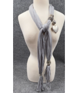 Scarf Womens Gray Fringe Jewelry Wrap Tassels Beaded Silvertone 70 inches - £10.20 GBP