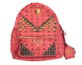 MCM Red Pink Large Visetos Laptop Backpack Gold Black Studded w/ Mini Co... - $299.99
