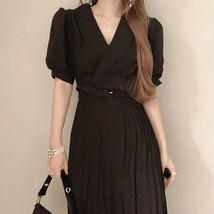 Mmer french temperament suit tie tie waist slimming puff sleeve pleated dress with belt thumb200