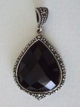Black Onyx Cushion Faceted Teardrop with Marcasite Border Pendant - $72.00