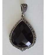 Black Onyx Cushion Faceted Teardrop with Marcasite Border Pendant - £57.55 GBP