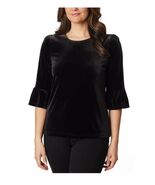 Briggs Womens Top Black Velvet Crewneck Relaxed Fit Elbow Flounce Sleeves - $56.32 CAD