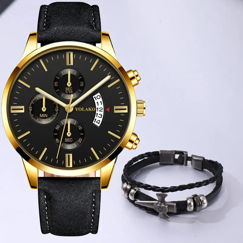 2pcs Men Fashion    Male Leather celet Calendar Date Mens Casual Wrist Watch Clo - £41.63 GBP