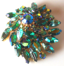 Vintage Large Faceted/Prong-set Green Iridescent Rhinestone Brooch - £42.83 GBP