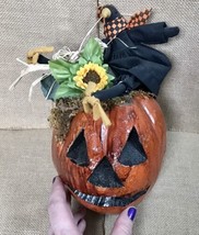 Vintage Hand Carved Gourd Jack O Lantern With Crow On Top Halloween Harvest - $74.25