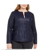 Alfani Womens Plus 1X Imperial Navy Blue Faux Leather Zip Up Jacket NWT H28 - $22.05