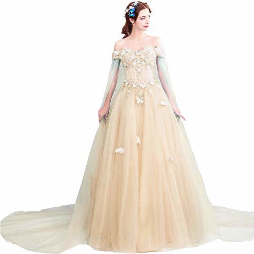 Kivary Off The Shoulder Long Prom Evening Dress Wedding Gown with Cape Champagne