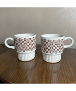 Retro Coffee Cup Mug Brown Checkered Daisy Stackable USA Made Lot Of 2 V... - $11.29