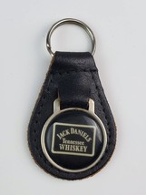 Vintage Jack Daniels black leather keychain metal back FOB style key chain - £15.27 GBP