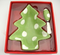 Christmas Tree Shaped Bowl and Spreader Green with White Polka Dots NIB - $7.43