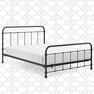 Renaud Parisian Metal Bed, Chic Vintage Black And Brass Bedframe With He... - $705.99