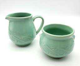 Vintage Sugar Creamer USA Set Celadon Green Embossed Design VG Condition Pottery - £11.95 GBP