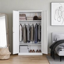 White Metal Locking Wardrobe Armoire Cabinet with Clothing Hanging Rod - $368.49