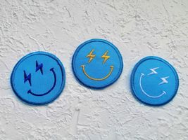 Embroidered Iron on Patch. Blue Smiley Face patch. Lightning Bolt smiley.  - $5.00+