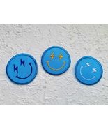 Embroidered Iron on Patch. Blue Smiley Face patch. Lightning Bolt smiley.  - £3.91 GBP+