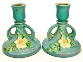 Set of 2 Roseville Pottery Candle Holders, Blue w/White Rose, #1142-4 1/2&quot;, 1940 - £46.82 GBP