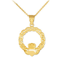 14K Solid Gold Classic Braided Claddagh Pendant Necklace - Yellow, Rose, White - $217.36+