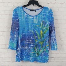 Notations Top Womens Medium Blue Floral Ruffle 3/4 Sleeve Stretch Blouse  - £17.13 GBP