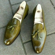 Handmade men olive green tassels slip on dress shoes  real leather office shoes thumb200