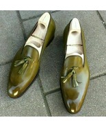 Handmade Men Olive Green Tassels Slip On Dress Shoes, Real Leather Offic... - £108.56 GBP
