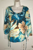 Caribbean Joe Scoop Neck 3/4 Sleeve Ruched sides Floral Top Blouse Size XL NWT - £11.38 GBP