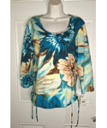 Caribbean Joe Scoop Neck 3/4 Sleeve Ruched sides Floral Top Blouse Size ... - £11.25 GBP