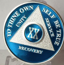 Blue Silver Plated 20 Year AA Chip Alcoholics Anonymous Medallion Coin Twenty XX - £16.29 GBP