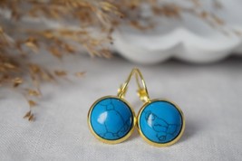 Turquoise Earrings Dangle, Round Blue Gemstone Earrings, Lever Back Earrings, Da - £25.27 GBP