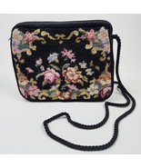 Vintage 1970s Floral Petit-point Needle Point Black Velvet Shoulder Bag ... - $29.99