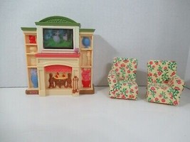 Fisher Price loving family dollhouse floral couch sofa tv fireplace sounds music - $14.35