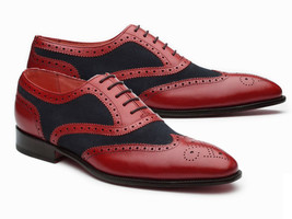 Hand made Men Maroon Black Brogue Toe Oxford Lace Up Suede Leather shoes US 7-16 - £108.49 GBP