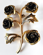 Vintage Signed Spain Gold-tone Black Enamel Rose Brooch 2" x 1. 3/8" - $19.50