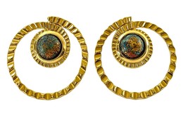 Vintage Gold-Tone Art Bead Hoop Earrings – Post Style – Retro Textured C... - $15.95