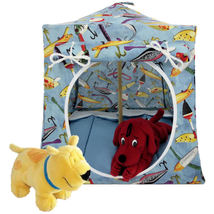 Blue Toy Tent, 2 Sleeping Bags, Fishing Print for Action Figure, Stuffed Animal - £19.73 GBP